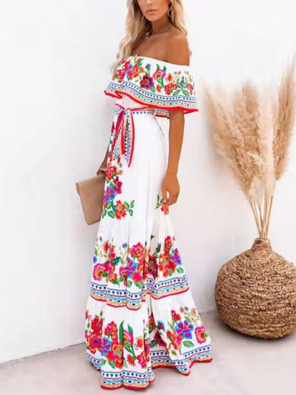 Off Shoulder Ruffle Trim Belted Tiered Floral Print Maxi Dress
