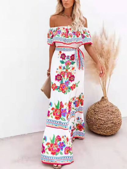 Off Shoulder Ruffle Trim Belted Tiered Floral Print Maxi Dress