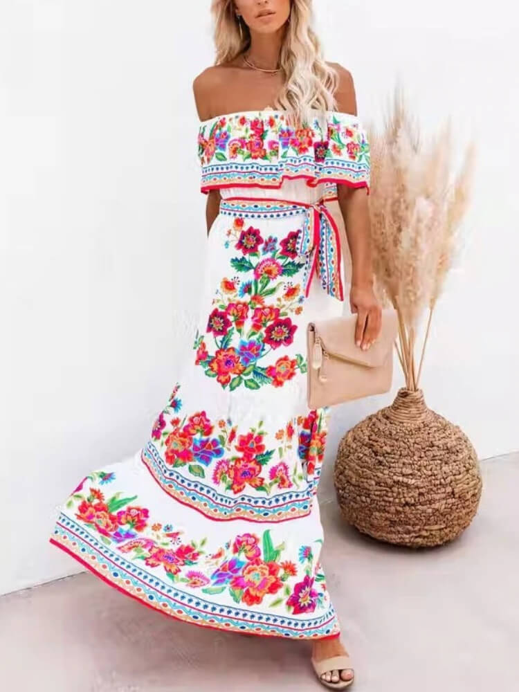 Off Shoulder Ruffle Trim Belted Tiered Floral Print Maxi Dress