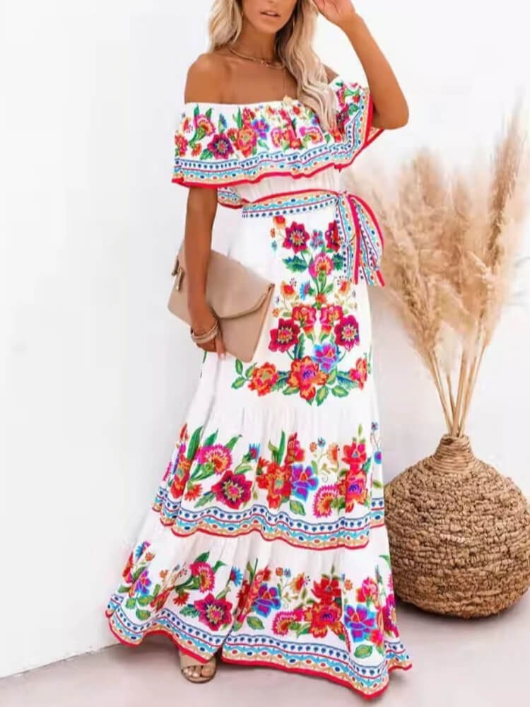 Off Shoulder Ruffle Trim Belted Tiered Floral Print Maxi Dress