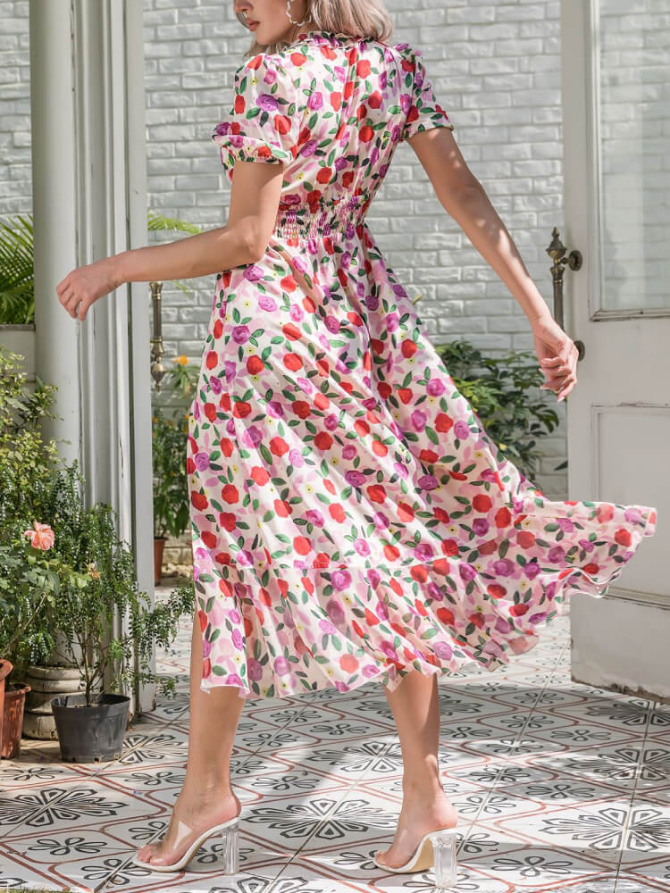 Ruffle Trim V Neck Smocked Waist Wrap Floral Print Tiered Slit Midi Dress