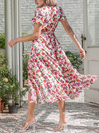 Ruffle Trim V Neck Smocked Waist Wrap Floral Print Tiered Slit Midi Dress