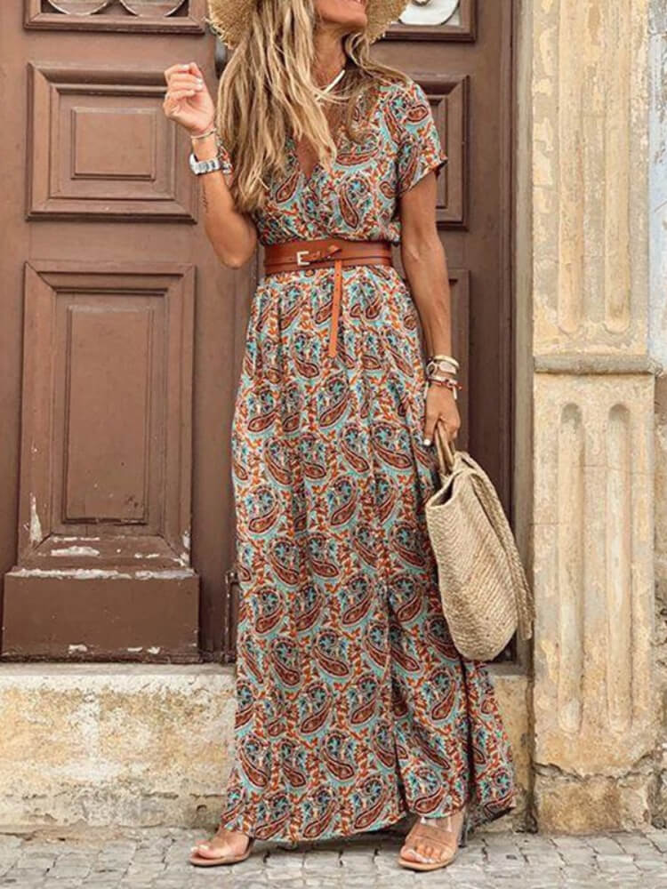 Deep V Neck Short Sleeve Paisley Print Belted Maxi Dress