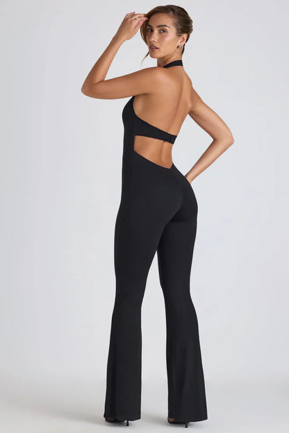 Elegant Black Jumpsuit for Women with Open Back and Halter Neck – Flattering Bodycon Fit for Special Occasions