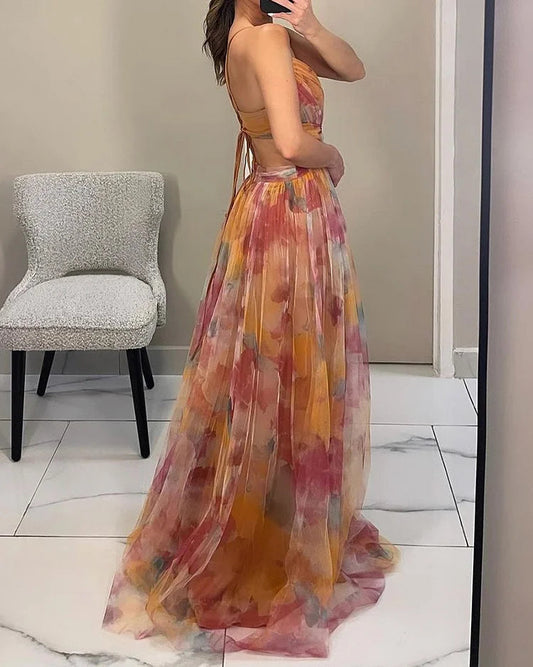 Elegant Floral Chiffon Maxi Dress for Women – Lightweight Summer Wedding Guest Dress in Flowy Fit, Available in S to XL