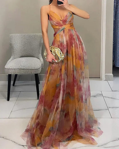 Elegant Floral Chiffon Maxi Dress for Women – Lightweight Summer Wedding Guest Dress in Flowy Fit, Available in S to XL