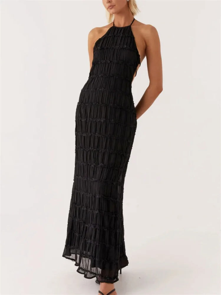 Elegant Halter Maxi Dress for Women – Open Back Summer Wedding Guest Dress, Lightweight and Flattering Fit