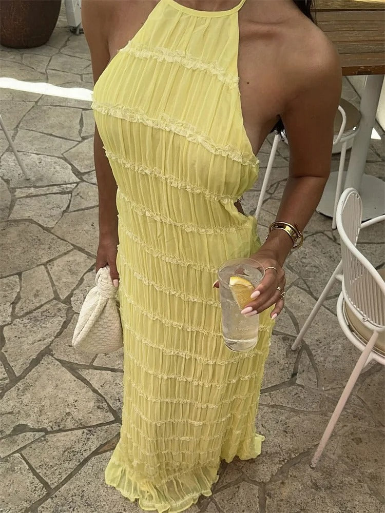Elegant Halter Maxi Dress for Women – Open Back Summer Wedding Guest Dress, Lightweight and Flattering Fit