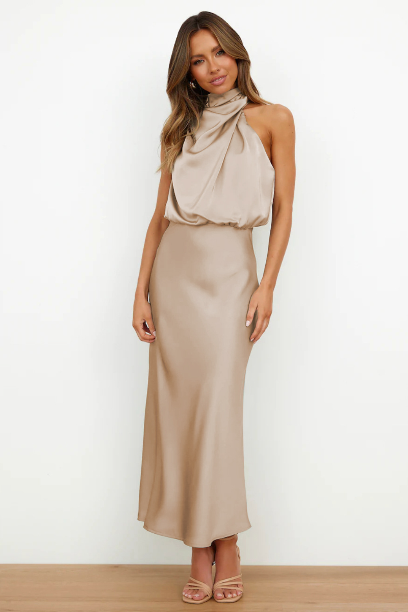 Elegant Midi Dress with Asymmetrical Neckline – Perfect for Special Occasions