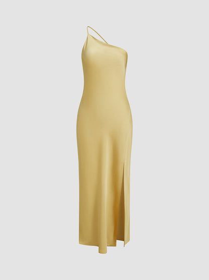 Elegant Open Back Satin Maxi Dress with Side Split – Long Sleeve Formal Dress for Women