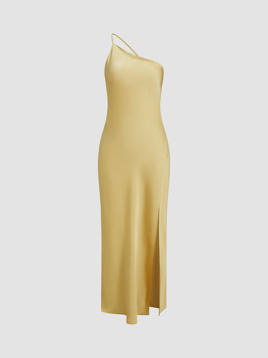 Elegant Open Back Satin Maxi Dress with Side Split – Long Sleeve Formal Dress for Women