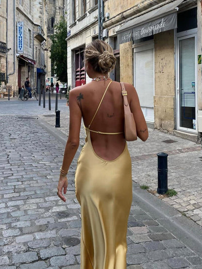 Elegant Open Back Satin Maxi Dress with Side Split – Long Sleeve Formal Dress for Women