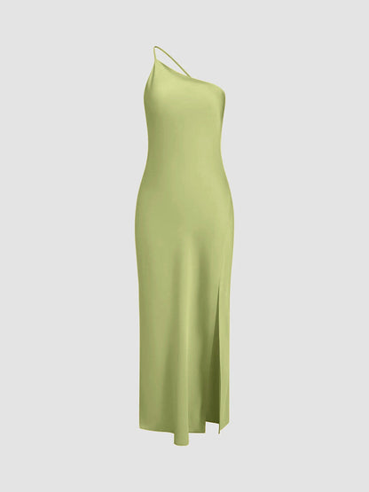 Elegant Open Back Satin Maxi Dress with Side Split – Long Sleeve Formal Dress for Women