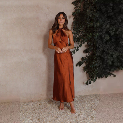 Elegant Satin Maxi Halter Dress with Front Split – Perfect for Weddings and Formal Events