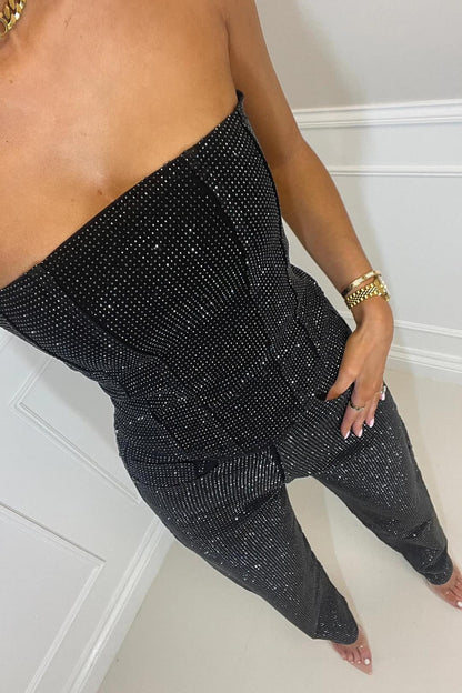 Elegant Strapless Jumpsuit with Glitter Detail – Luxurious Fit for Special Occasions