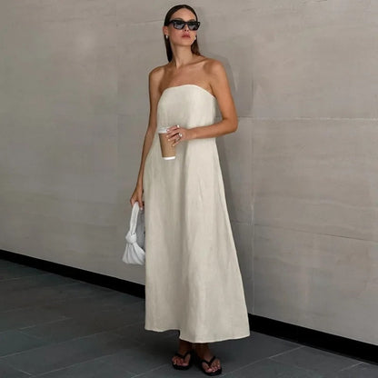 Elegant Strapless Maxi Dress for Women in Lightweight Linen – Flattering Summer Long Dress for Casual and Formal Occasions