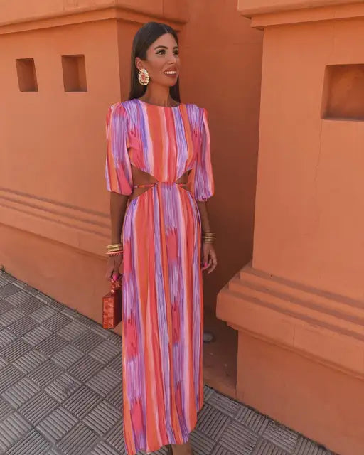 Stripe Print Puff Sleeve Side Cut Out Jewel Neck Maxi Dress