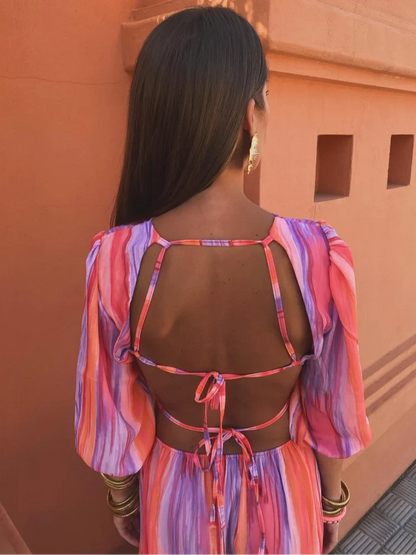 Stripe Print Puff Sleeve Side Cut Out Jewel Neck Maxi Dress