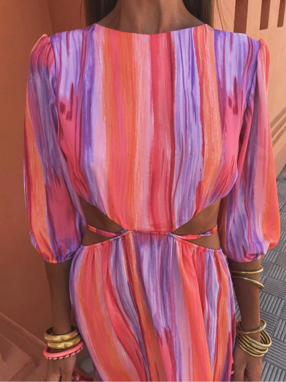 Stripe Print Puff Sleeve Side Cut Out Jewel Neck Maxi Dress