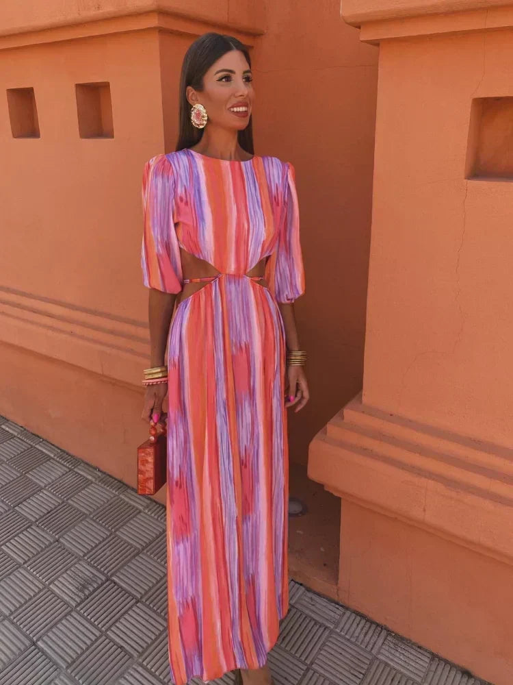 Stripe Print Puff Sleeve Side Cut Out Jewel Neck Maxi Dress