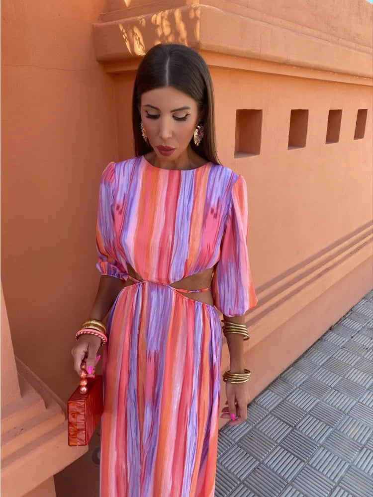 Stripe Print Puff Sleeve Side Cut Out Jewel Neck Maxi Dress