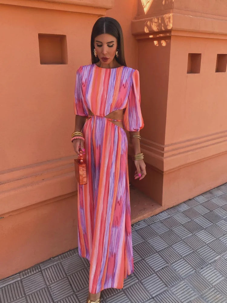 Stripe Print Puff Sleeve Side Cut Out Jewel Neck Maxi Dress
