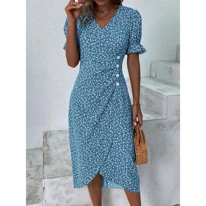 Ditsy Floral Print V-Neck Puff Sleeve Ruched Side Button Midi Dress