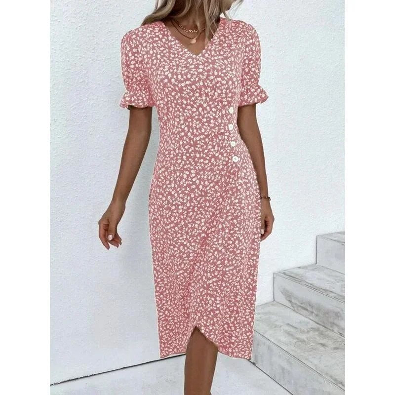 Ditsy Floral Print V-Neck Puff Sleeve Ruched Side Button Midi Dress
