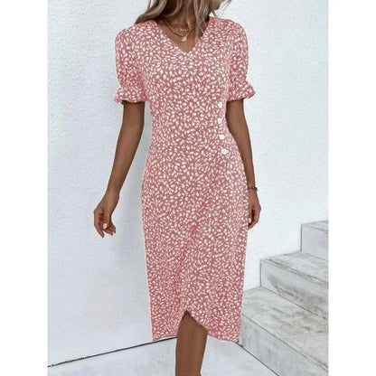 Ditsy Floral Print V-Neck Puff Sleeve Ruched Side Button Midi Dress