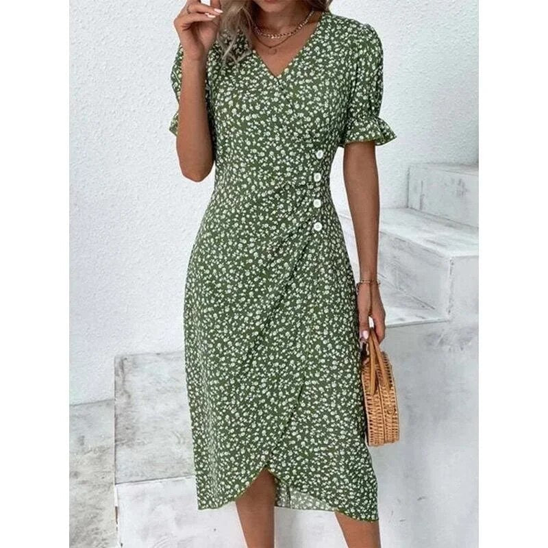 Ditsy Floral Print V-Neck Puff Sleeve Ruched Side Button Midi Dress