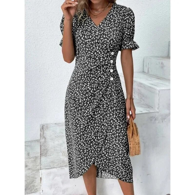 Ditsy Floral Print V-Neck Puff Sleeve Ruched Side Button Midi Dress