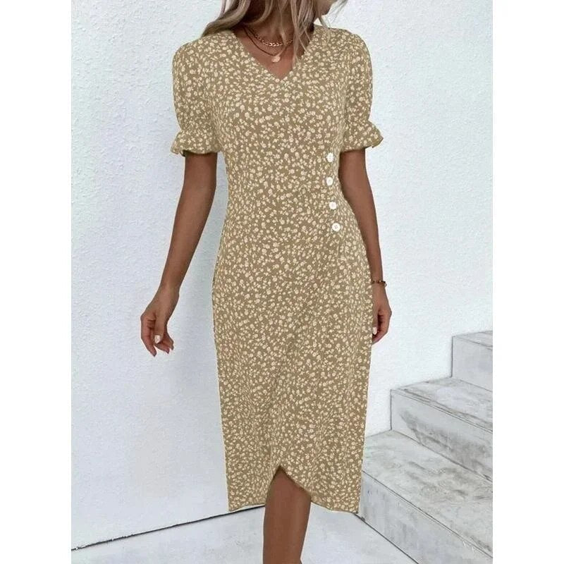 Ditsy Floral Print V-Neck Puff Sleeve Ruched Side Button Midi Dress