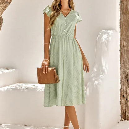 Swiss Dot V-Neck Button Front Flutter Sleeve Shirred Waist Midi Dress