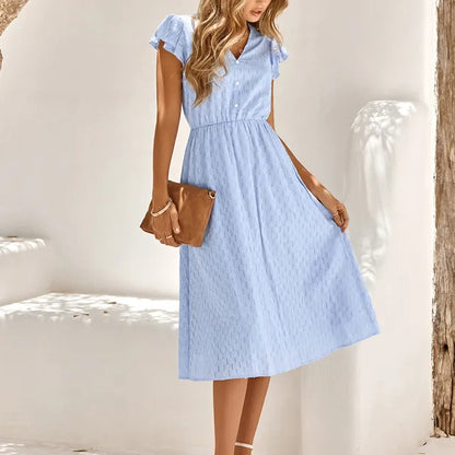 Swiss Dot V-Neck Button Front Flutter Sleeve Shirred Waist Midi Dress