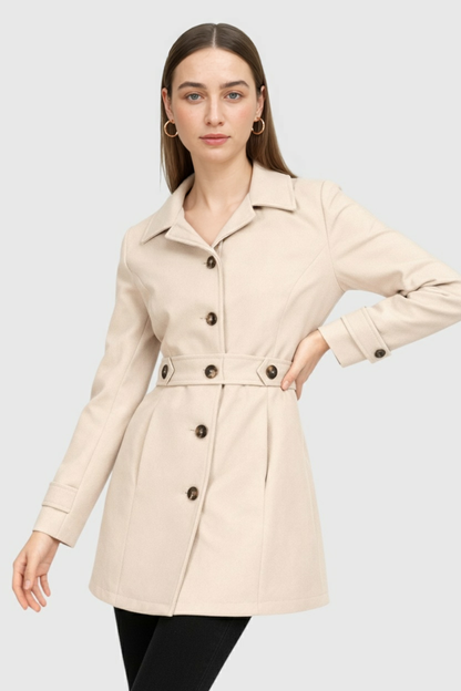 Belted Mid-Length Coat | Single-Breasted Button Front, Structured Collar