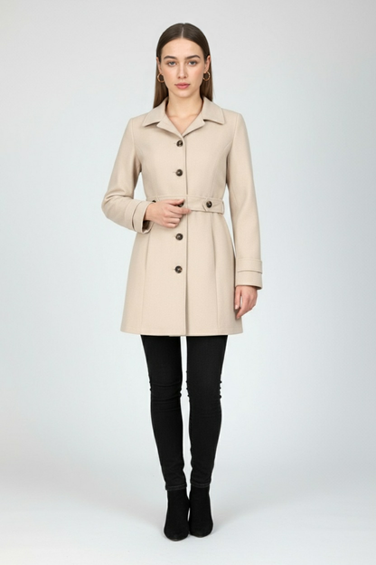 Belted Mid-Length Coat | Single-Breasted Button Front, Structured Collar