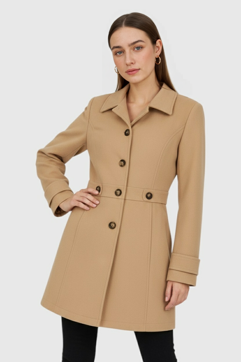 Mid-Length Single-Breasted Coat | Defined Waist | Button Front