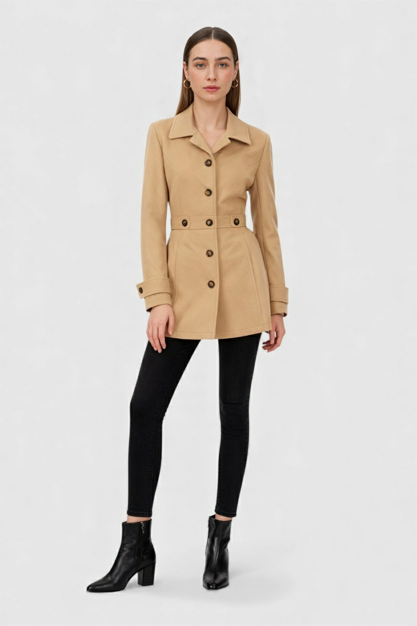 Mid-Length Single-Breasted Coat | Defined Waist | Button Front