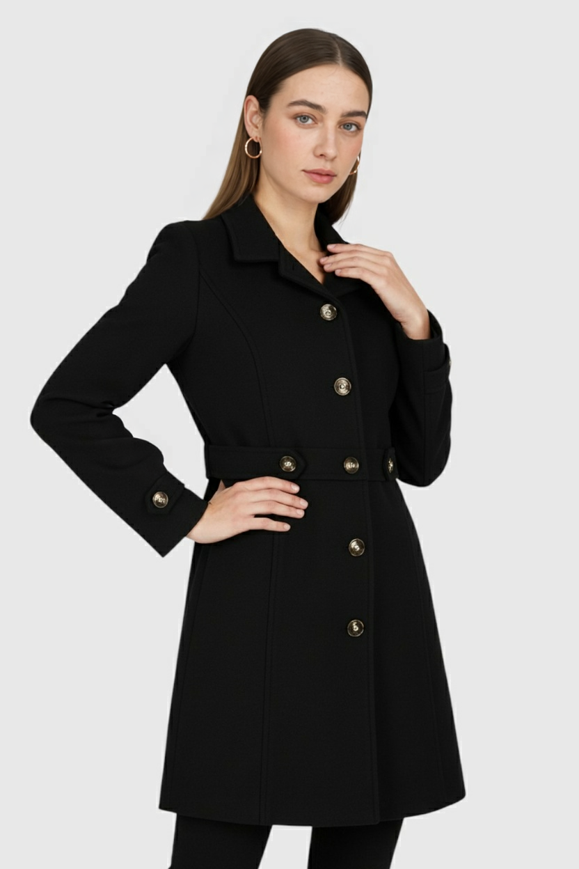 Belted Mid-Length Coat | Gold-Tone Buttons, Notched Lapel, Slim Fit