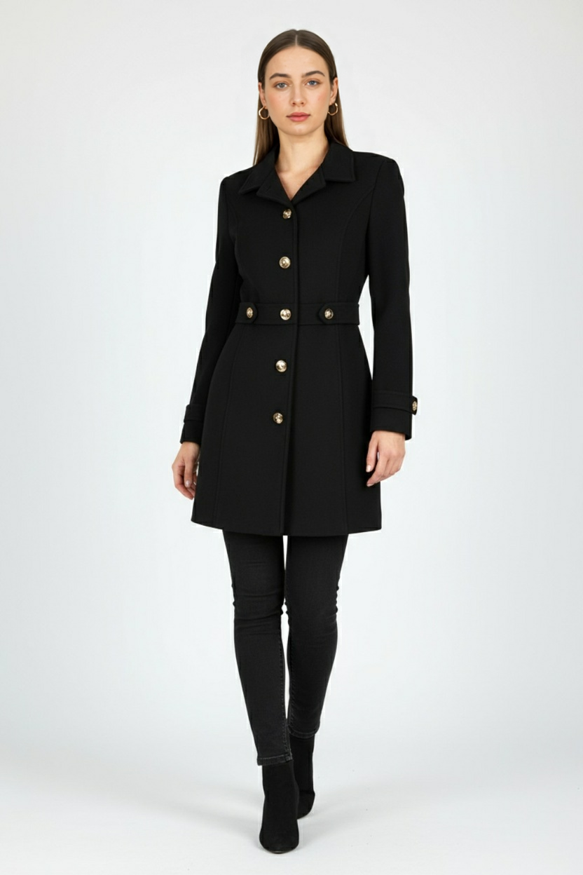 Belted Mid-Length Coat | Gold-Tone Buttons, Notched Lapel, Slim Fit