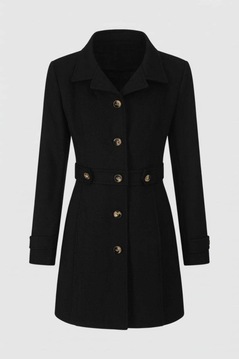 Belted Mid-Length Coat | Gold-Tone Buttons, Notched Lapel, Slim Fit