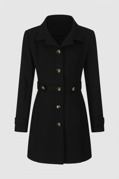 Belted Mid-Length Coat | Gold-Tone Buttons, Notched Lapel, Slim Fit
