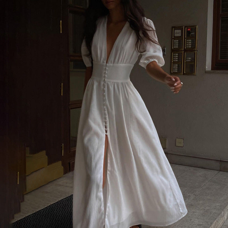 White deep v puff sleeve maxi dress