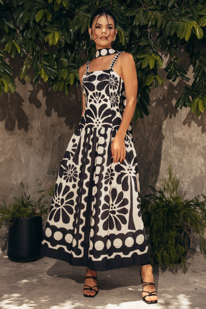 Botanical Print Spaghetti Strap Drop Waist Bubble Hem Maxi Dress
