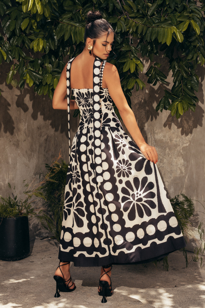 Botanical Print Spaghetti Strap Drop Waist Bubble Hem Maxi Dress