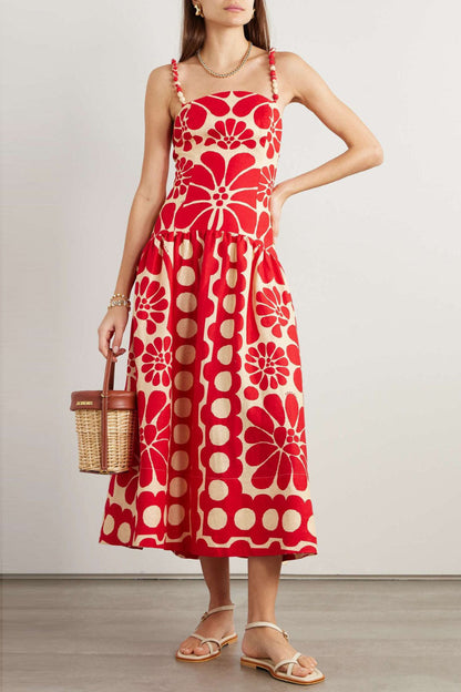 Square Neck Pom Spaghetti Strap Floral Polka Dot Midi Dress