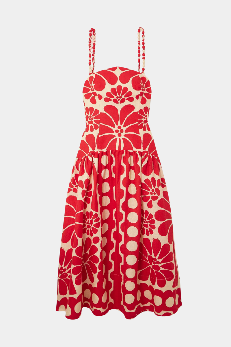 Square Neck Pom Spaghetti Strap Floral Polka Dot Midi Dress