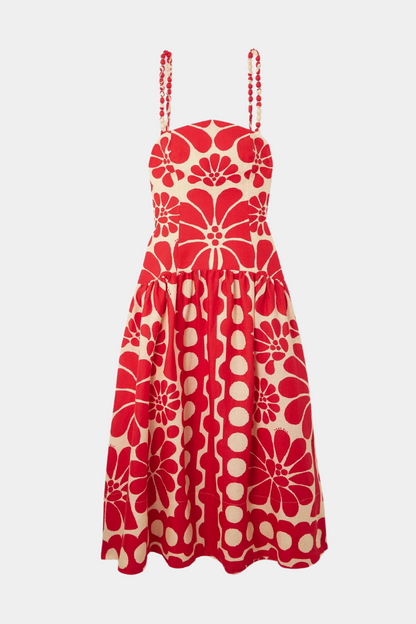 Square Neck Pom Spaghetti Strap Floral Polka Dot Midi Dress