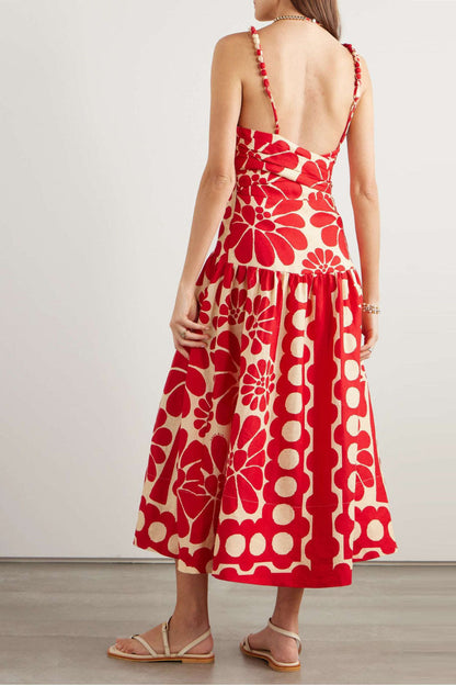 Square Neck Pom Spaghetti Strap Floral Polka Dot Midi Dress