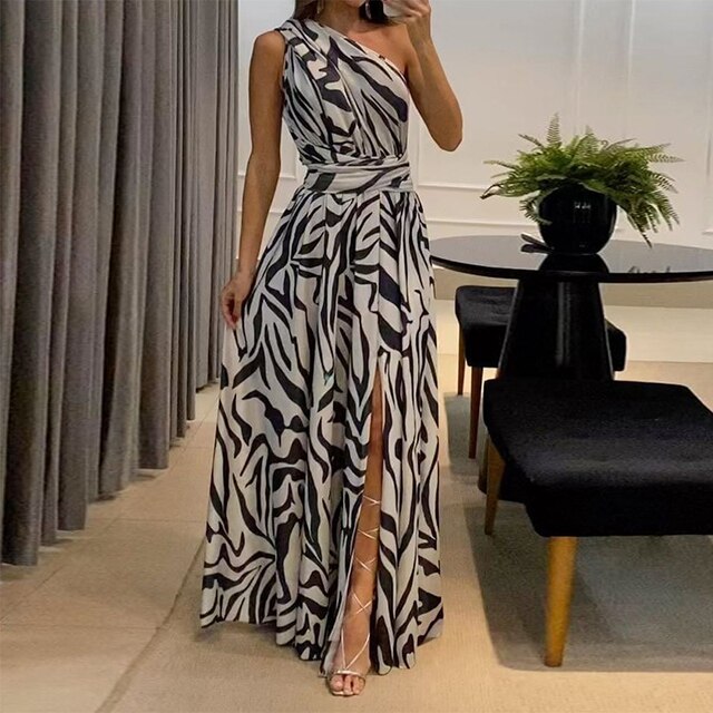 Zebra Print One-Shoulder Side Slit Maxi Dress